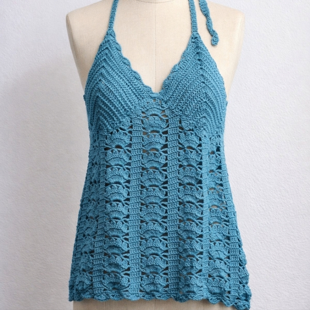 Elegant Teal Crochet Halter Swim Cover-Up